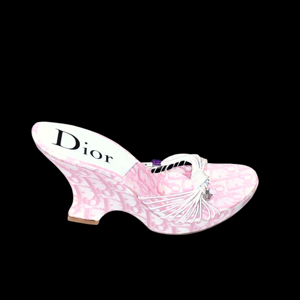 DIOR Girly Pink Monogram Logo Denim Trotter Platform Wedge Sandal Mule - Picture 2 of 15